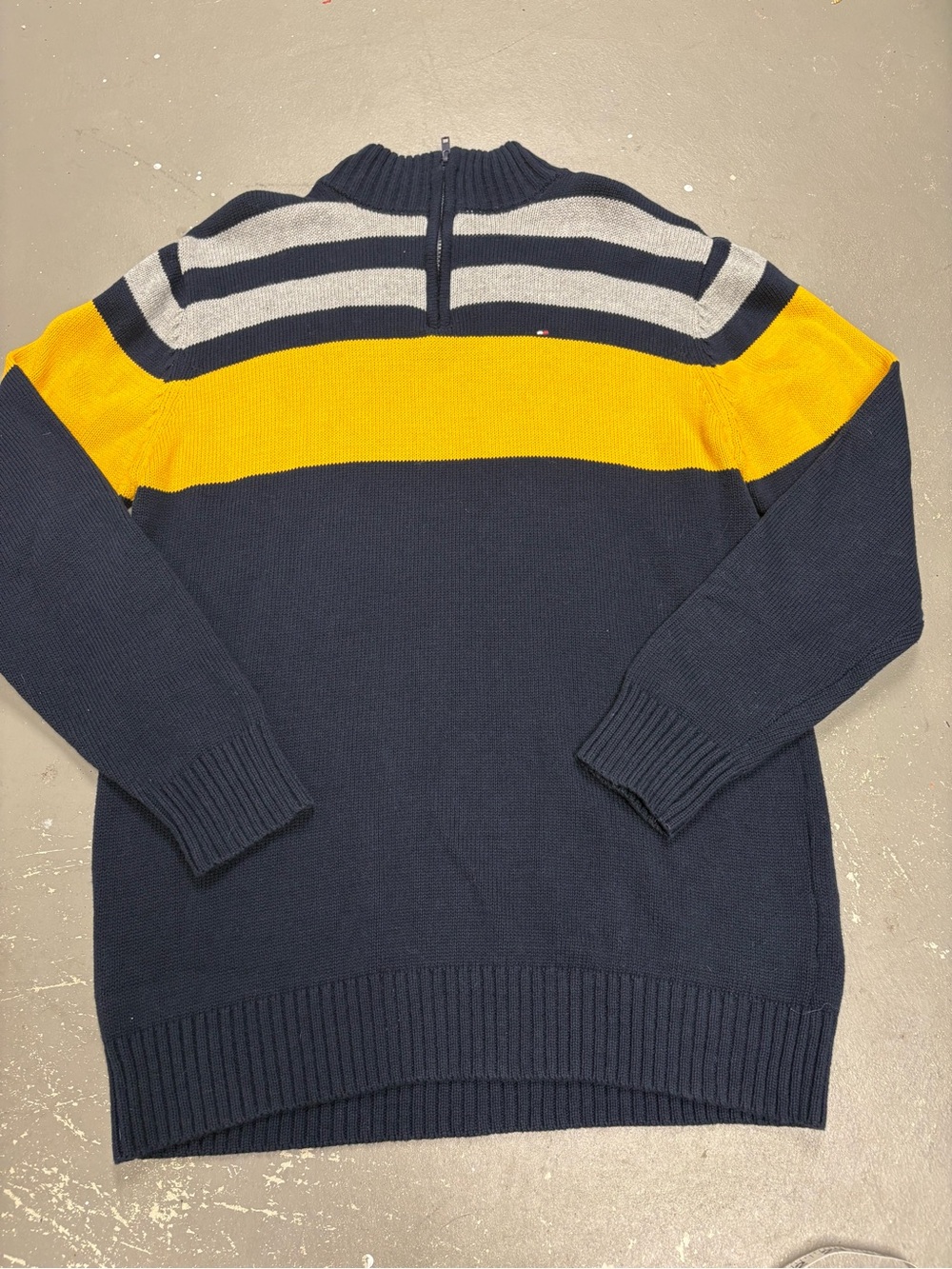 Tommy Hilfiger Boys 18/20 XL 1/4 Zip Jumper Sweater Navy Yellow & Grey Strip